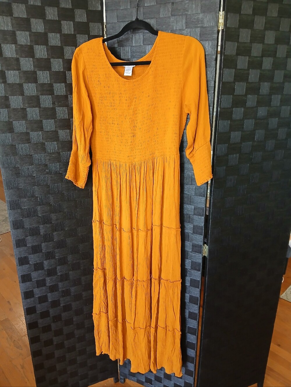 Women's Mustard Tiered Long Dress - Lightweight Casual Maxi Smocked Bust Boho